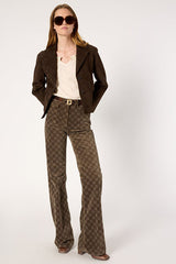 ANNA COFFEE MONOGRAM FLARED VELVET TROUSERS