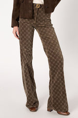 ANNA COFFEE MONOGRAM FLARED VELVET TROUSERS