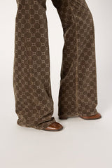 ANNA COFFEE MONOGRAM FLARED VELVET TROUSERS