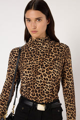 HELENE LEOPARD PRINT STAND UP COLLAR T-SHIRT