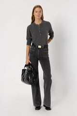 HUGUE HEATHER GREY TUNISIAN COLLAR SLUB T-SHIRT