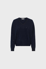 EDWIGE NAVY V-NECK WOOL RHINESTONES SWEATER