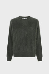 ELINA KAKI ROUND NECK FUZZY CASHMERE SWEATER