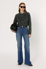 ELINA KAKI ROUND NECK FUZZY CASHMERE SWEATER