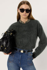 ELINA KAKI ROUND NECK FUZZY CASHMERE SWEATER