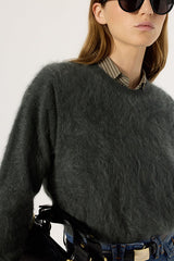 ELINA KAKI ROUND NECK FUZZY CASHMERE SWEATER