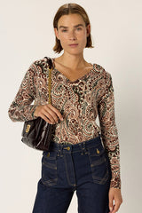 EMME V-NECK PRINTED FINE WOOL SWEATER