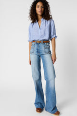 CEZIA STRIPED LINEN RUFFLE BLOUSE