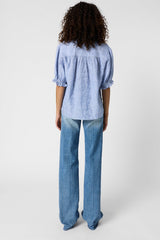 CEZIA STRIPED LINEN RUFFLE BLOUSE