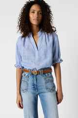 CEZIA STRIPED LINEN RUFFLE BLOUSE