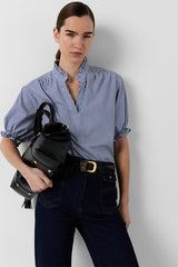 CLEE RUFFLES POPLIN STRIPED BLOUSE