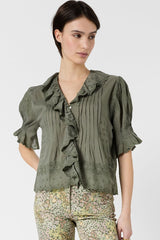 CEYLIA KHAKI GREEN EMBROIDERED COTTON VOILE SHIRT