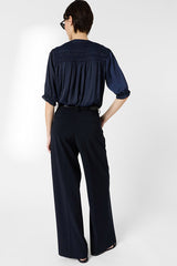 CATRINE NAVY SMOCKED SILK SHIRT