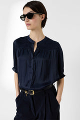 CATRINE NAVY SMOCKED SILK SHIRT