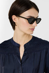 CATRINE NAVY SMOCKED SILK SHIRT