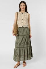 JALY KHAKI GREEN EMBROIDERED COTTON SKIRT