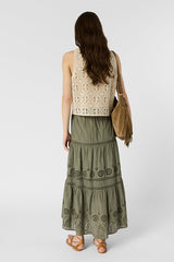 JALY KHAKI GREEN EMBROIDERED COTTON SKIRT