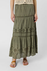 JALY KHAKI GREEN EMBROIDERED COTTON SKIRT