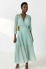 RAYNA GREEN LONG PLEATED DRESS