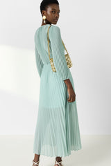 RAYNA GREEN LONG PLEATED DRESS