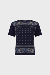 MANOLIA NAVY BI MATERIAL SCARF T SHIRT
