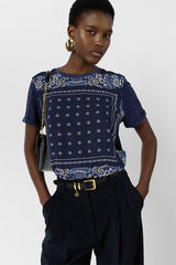 MANOLIA NAVY BI MATERIAL SCARF T SHIRT