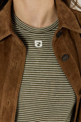 MELVA KHAKI GREEN STRIPED LINEN COTTON T SHIRT