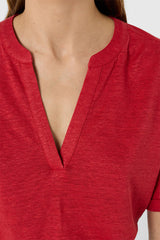 MIORA RED TUNISIAN LINEN COLLAR T SHIRT