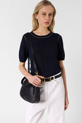 LOUMIA NAVY LINEN BLEND CREW NECK SWEATER