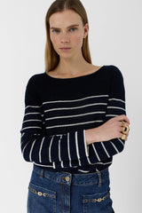 LEVIA NAVY LOOSE STRIPED LINEN BLEND SWEATER