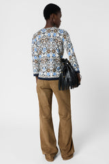 LIVA PRINTED V NECK COTTON LINEN SWEATER