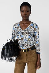 LIVA PRINTED V NECK COTTON LINEN SWEATER