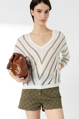 LERYA STRIPED V NECK LINEN COTTON SWEATER