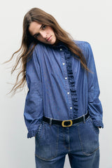 LOUPY EMBROIDERED RUFFLED DENIM SHIRT