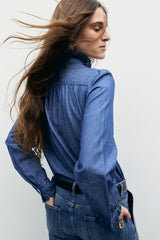 LOUPY EMBROIDERED RUFFLED DENIM SHIRT