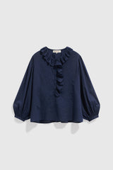 LEONE BLUE COTTON VOILE RUFFLED BLOUSE