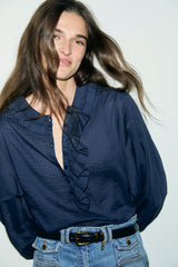 LEONE BLUE COTTON VOILE RUFFLED BLOUSE