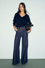 REDA BLUE RHINESTONES WOOL V-NECK SWEATER