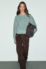 RIVIERA KAKI LOOSE-FITTING WOOL LACE SWEATER