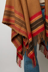 GEENA CAMEL STRIPED AND FRINGED WOOL PONCHO