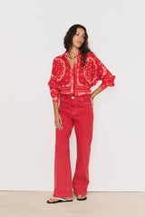 JULIETTE RED TOPSTITCHED WIDE LEG JEANS