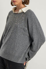 SHINY GREY SEQUIN KNIT SWEATER