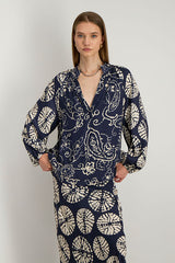 ZORAIA NIGHT BLUE LONG SLEEVE PRINTED TUNIC