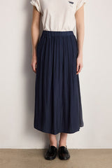 NAIA NAVY PLEATED SATIN MIDI SKIRT