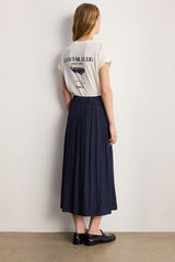 NAIA NAVY PLEATED SATIN MIDI SKIRT