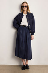 NAIA NAVY PLEATED SATIN MIDI SKIRT