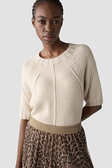 WHITE RIBBED SHORT SLEEVE KNIT SWEATER