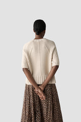 WHITE RIBBED SHORT SLEEVE KNIT SWEATER