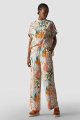ALL-OVER PRINT TIE BELT WIDE-LEG TROUSERS