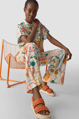 ALL-OVER PRINT TIE BELT WIDE-LEG TROUSERS